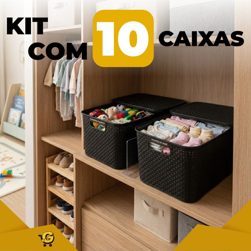 Kit 10 Caixas Organizadoras Rattan Multiuso 7L Cor Preta