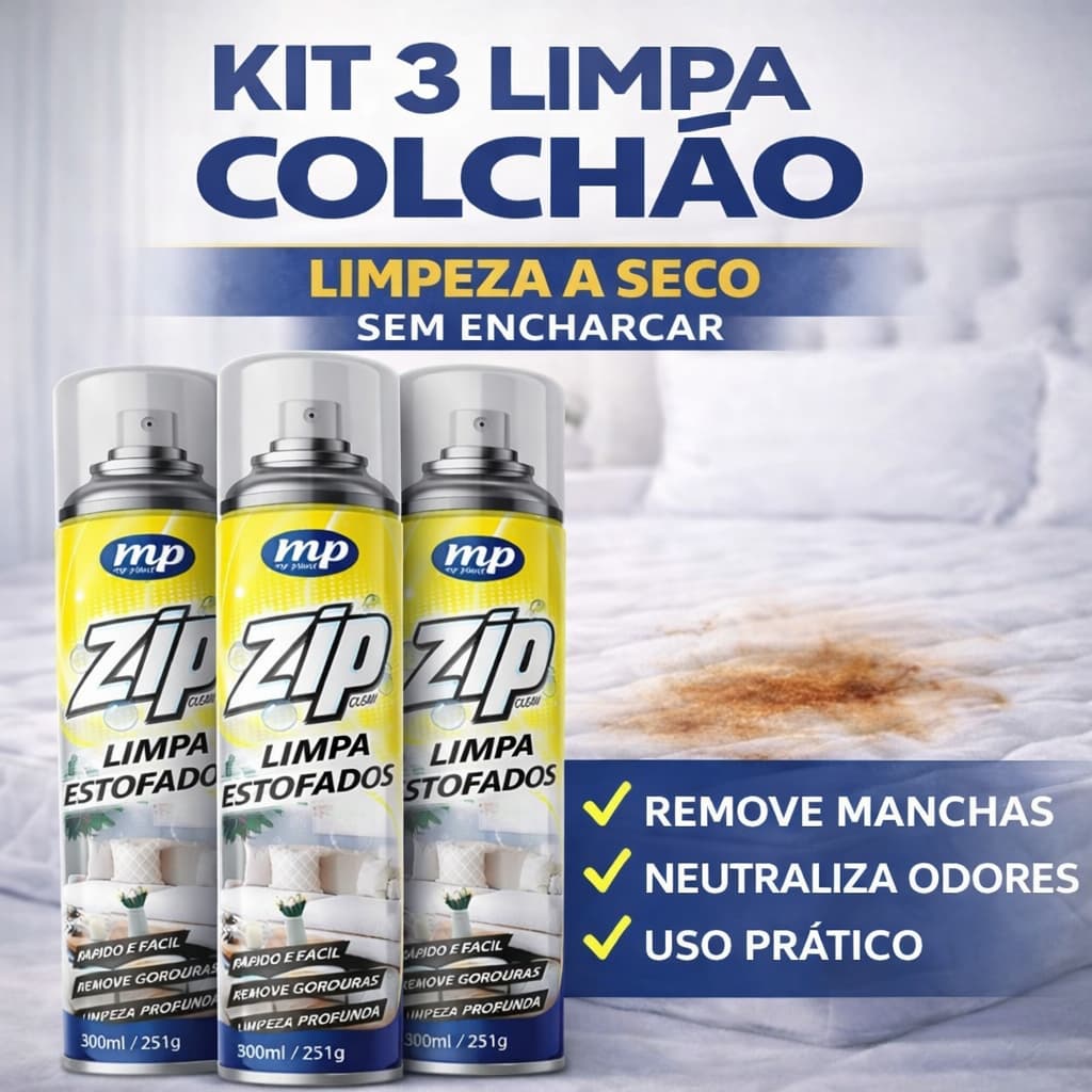 Limpa Colchao Zip Clean Higienizador Espuma Seca 300Ml Secagem Rapida Remove Manchas Elimina Odores