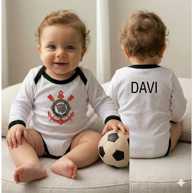 Body Corinthians manga longa Personalizado ,Algodão Suedine Premium Antialérgico Confortável