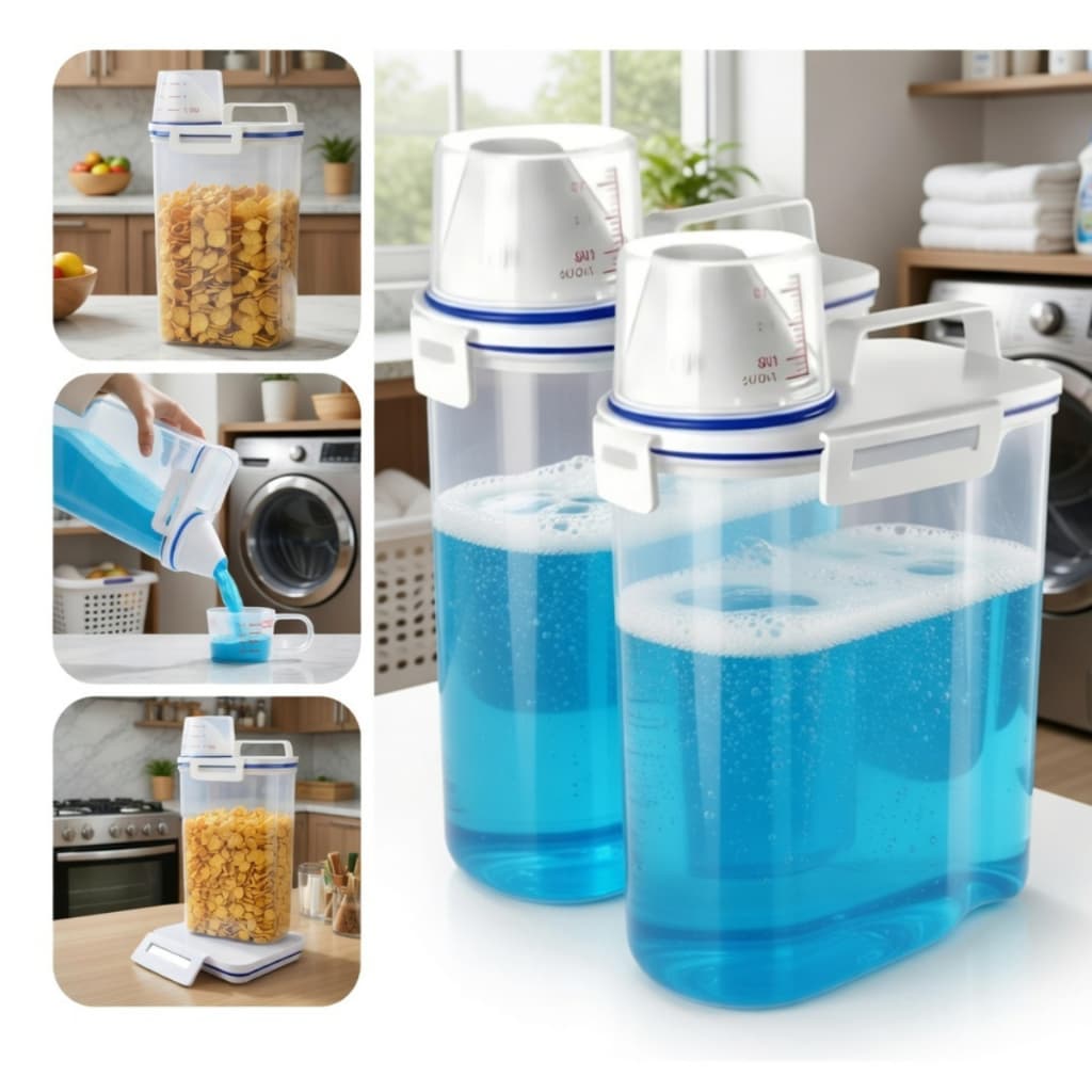 Pote Porta Sabão Pó Liquido Amaciante Dispenser Hermético 2L Organizador Alimentos Grãos Dosadores