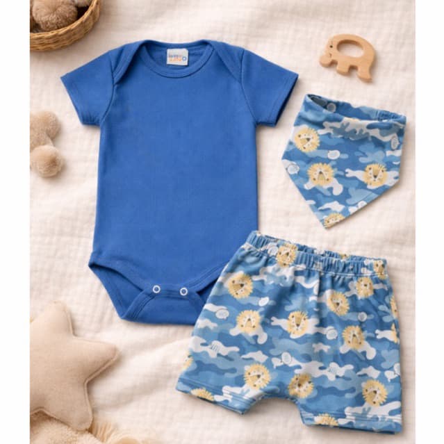 Kit 3 peças Body Envelope Algodão com Bermuda anatomica + Babador bandana conjunto bebê menino enxoval melhor preço