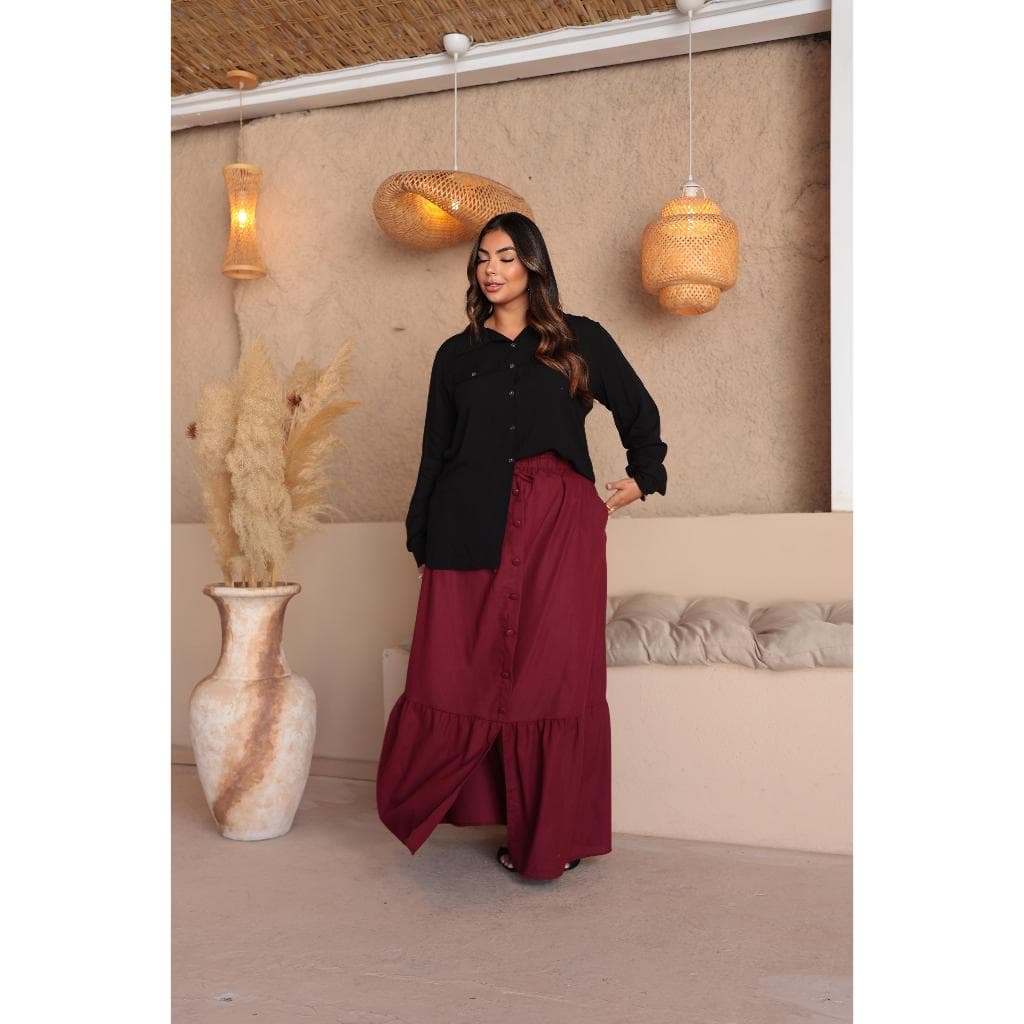 Saia Linho Plus Size Com Babado - Botões e Fenda Frontal Forrada