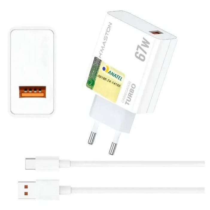 Kit Carregador 67W Turbo  e Cabo Tipo-C Carga Rápida Universal Xiaomi Redmi Note E Poco X7 Android Branco Hmaston