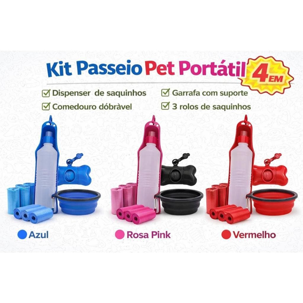 🐾 Kit Passeio Pet 4 em 1 Portátil Garrafa + Comedouro Dobrável + Saquinhos + Dispenser Cães