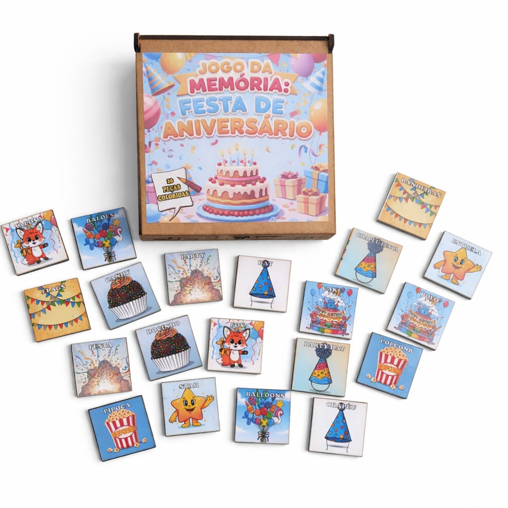 Jogo da Memória Festa em MDF 3mm Laminado Alto Brilho 15x15cm