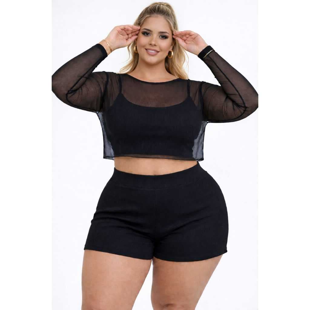 Conjunto Feminino 3 Peças – Cropped  + Short + Blusa Tule