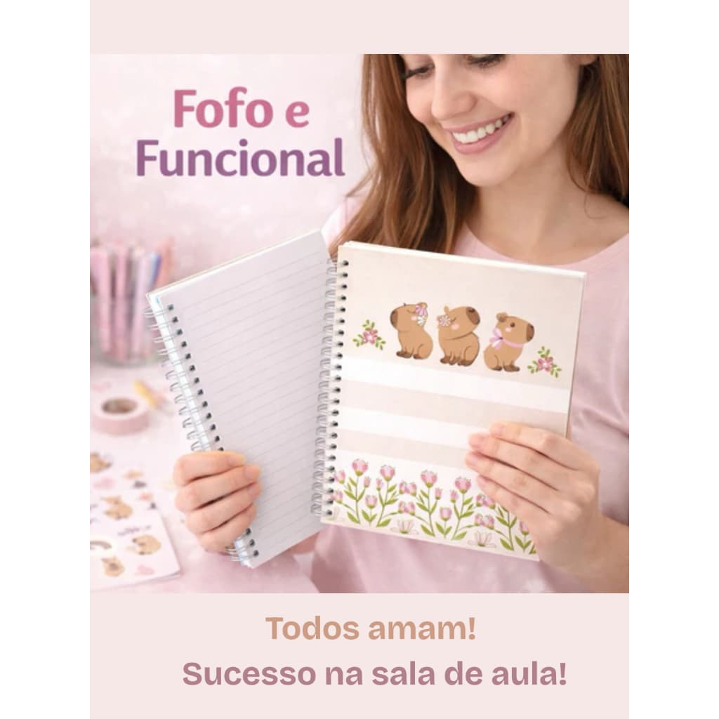 🏷️ Caderno Universitário 10 Matérias Capivara Capa Dura 160 Folhas c/ Adesivos