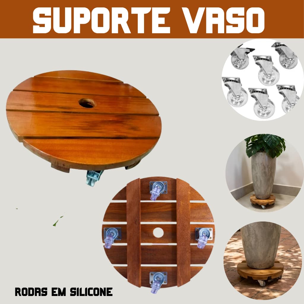 Suporte Redondo de Madeira 25cm com Rodinhas Silicone Premium Ideal para Vasos Grandes e Pesados