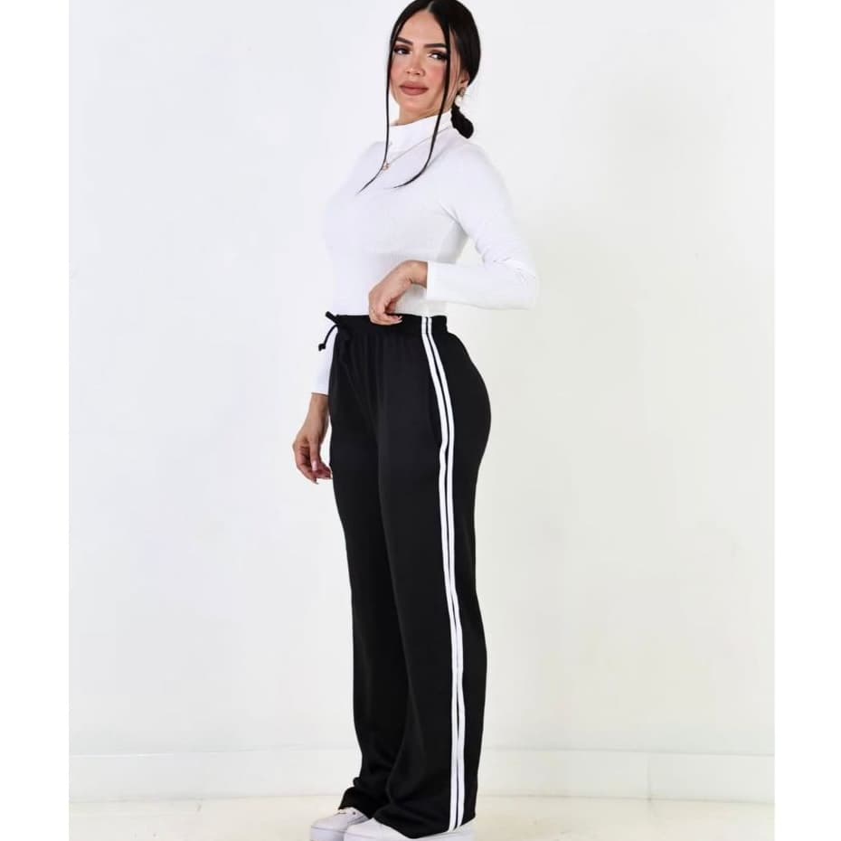 Calça Pantalona de Lanzinha com Listras Laterais e com Bolsos Moda Feminina