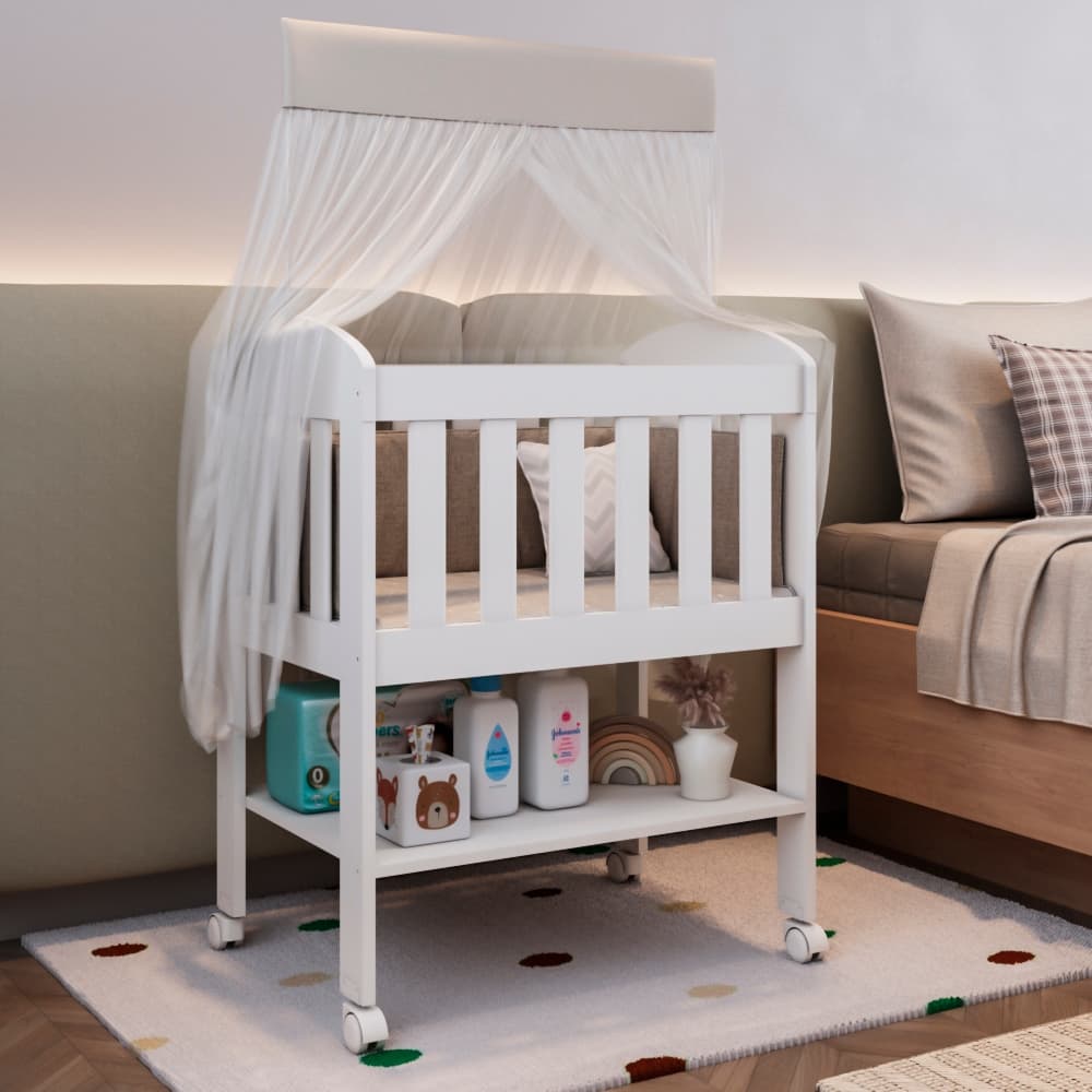 Mini Berço Bia 100% MDF com Colchão, Rodízios, Prateleira e Suporte para Mosquiteiro Carolina Baby