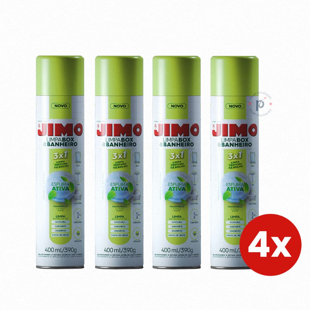 Kit 4 Limpa Box Banheiro Jimo Aerossol 400ml Espuma Ativa Spray Vidros Blindex Brilho Remove Manchas