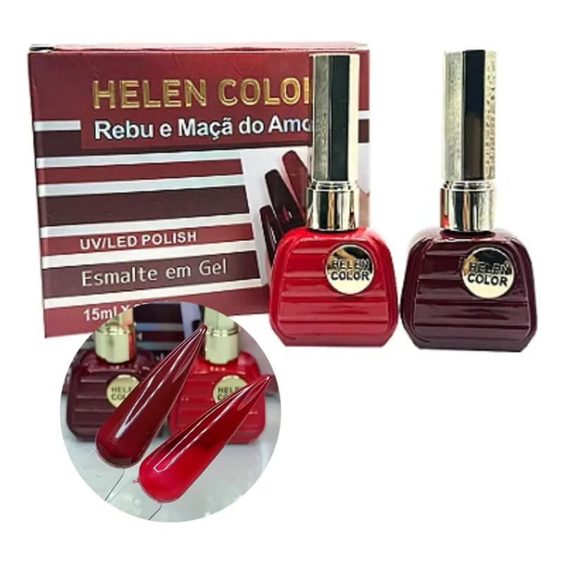 Kit Esmalte em Gel Rebu e Maçã do Amor Helen Color com 2 Cores UV/LED 15ml Cada