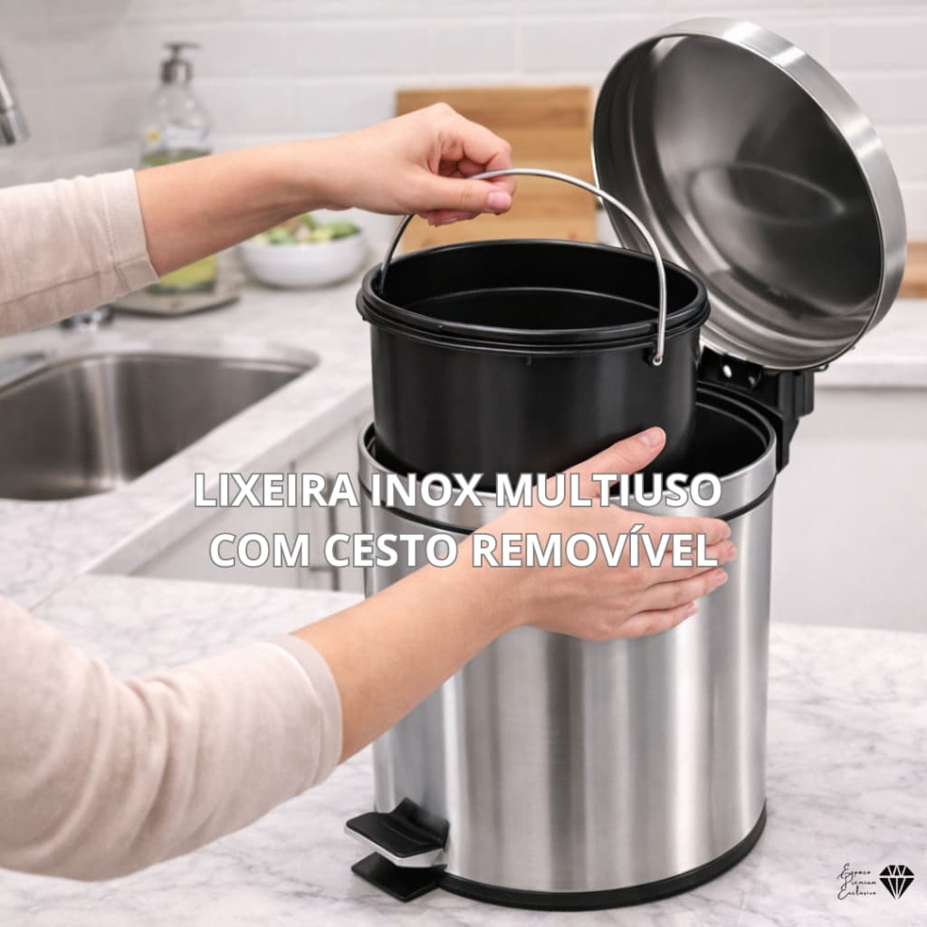 LIXEIRA INOX MULTIUSO BANHEIROS COZINHA CESTO REMOVIVEL COM ALÇA PEDAL BASCULANTE 3|5|12 LITROS INOX