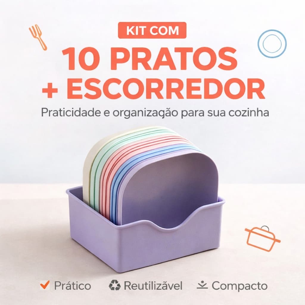 Kit 10 Pratos de Plástico Reutilizáveis com Escorredor Suporte Secador Pratos Resistentes Cozinha Festa
