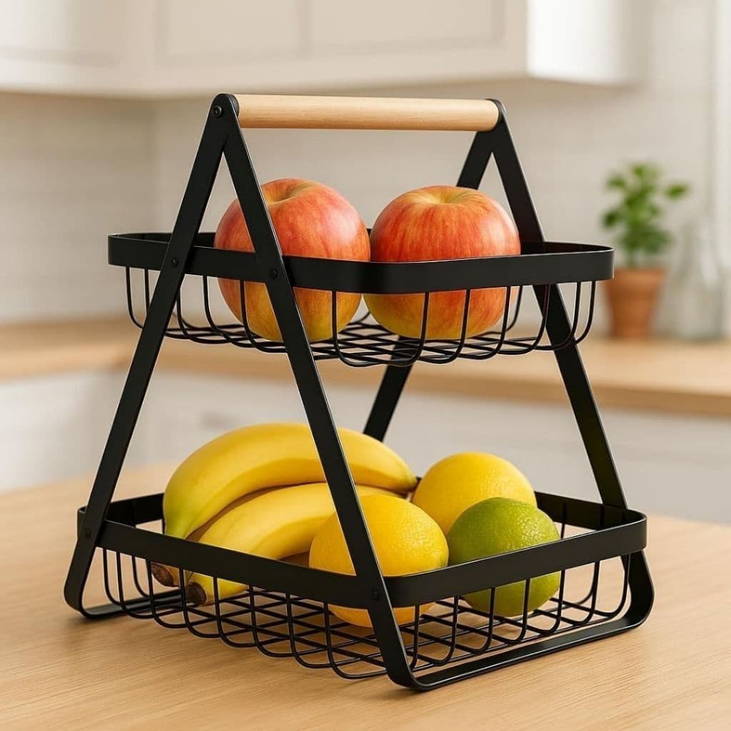 Fruteira De Mesa Organizador De Frutas Cesto Metal Aramado Multiuso 2 Andares Com Alça