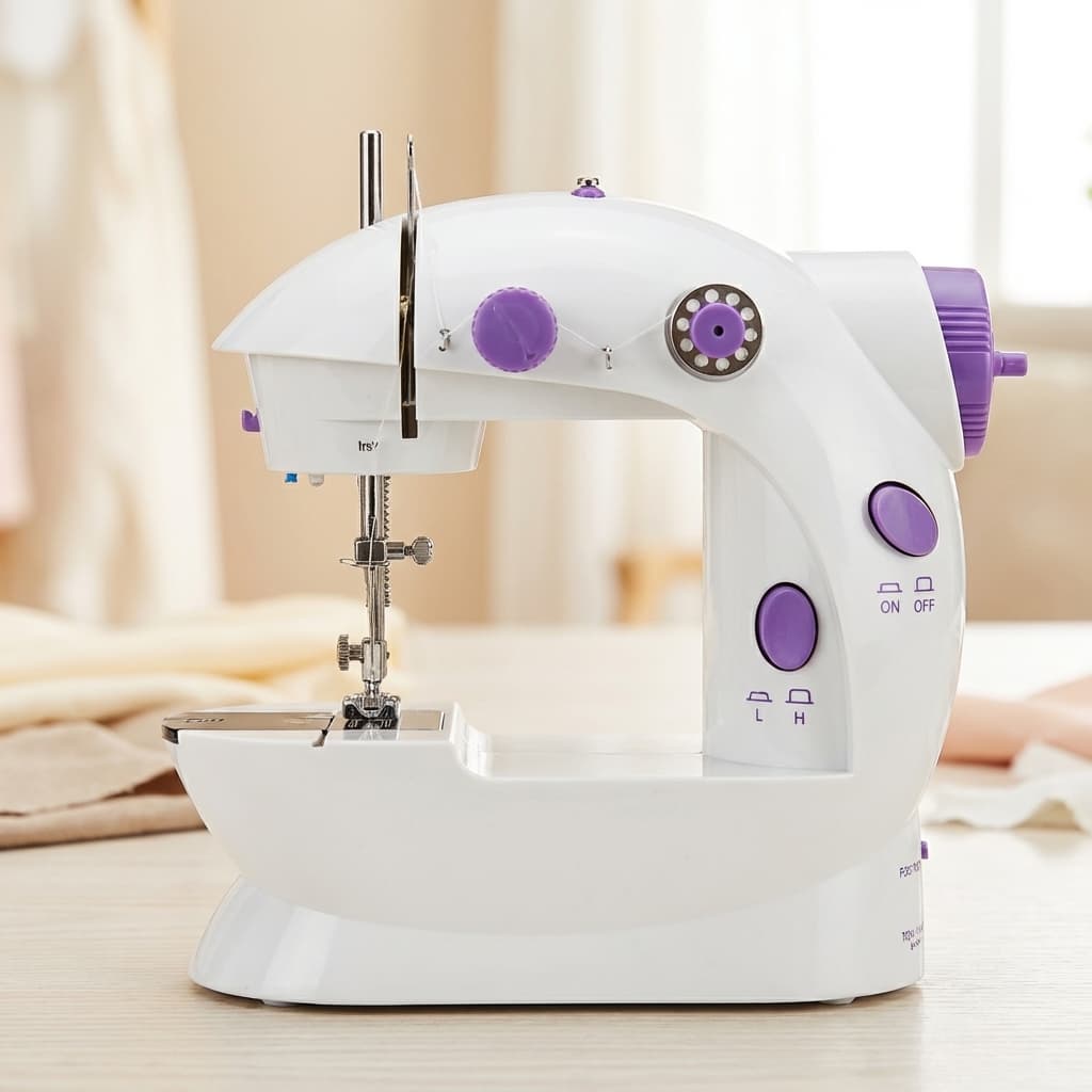 Mini Máquina de Costura Portátil Elétrica Bivolt com Pedal, Mesinha Extensora, Luz LED para Costura e Reparos Domésticos