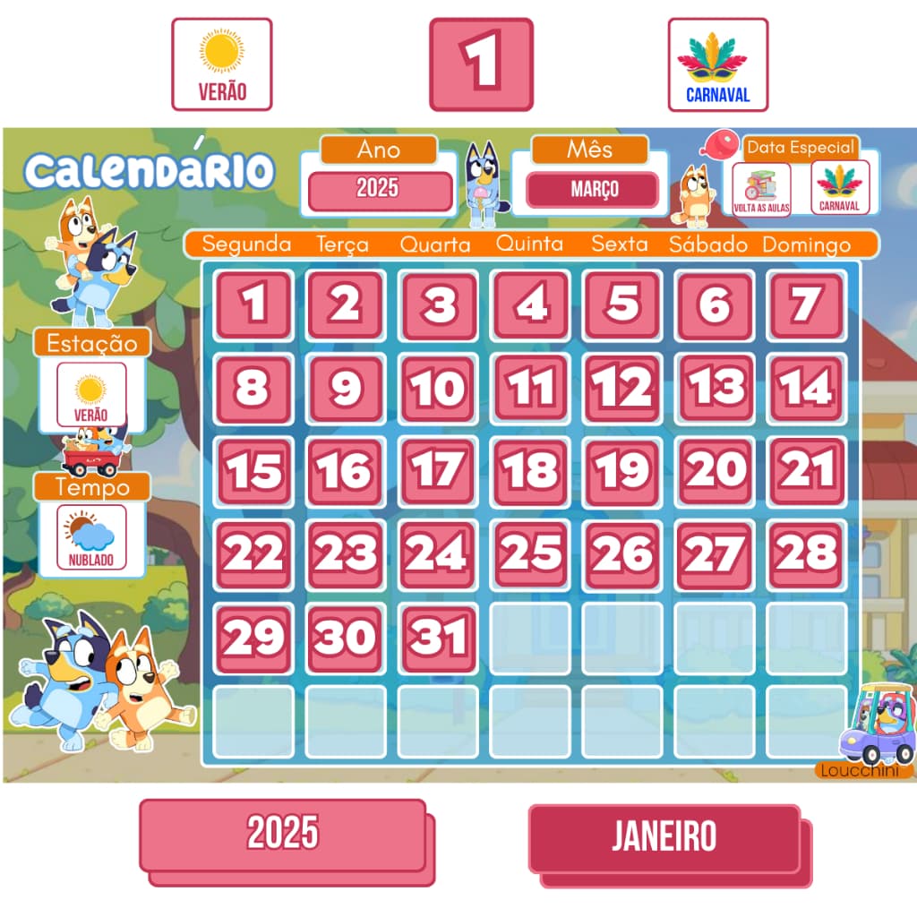 Calendário Infantil com Tags Educativas para Rotina e Aprendizado Tema Bluey E Bingo