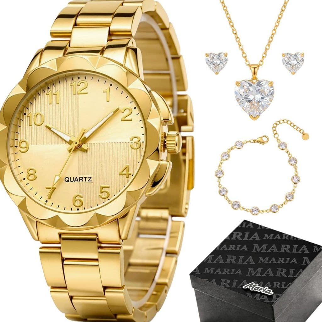 Relogio Feminino Banhado Inox Aco + Colar + Caixa Pulseira