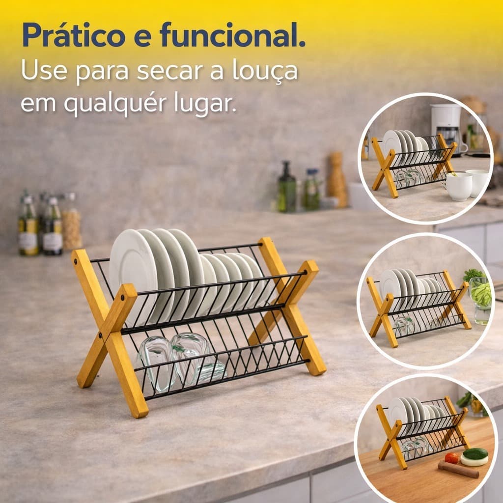 Escorredor de Pratos Dobrável Bambu e Metal - Design Moderno e Mais Espaço na Pia
