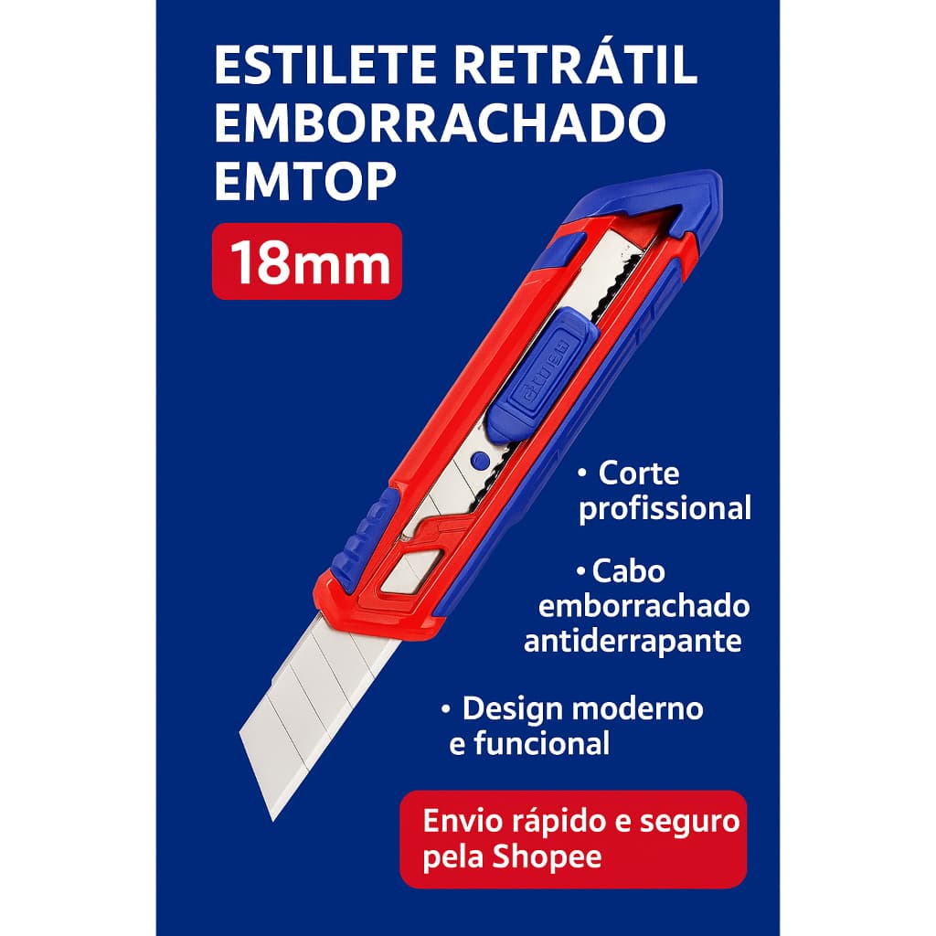 Estilete Emtop 18mm Retrátil com Cabo Emborrachado, Lâmina SK5 - Ferramenta de Corte Profissional