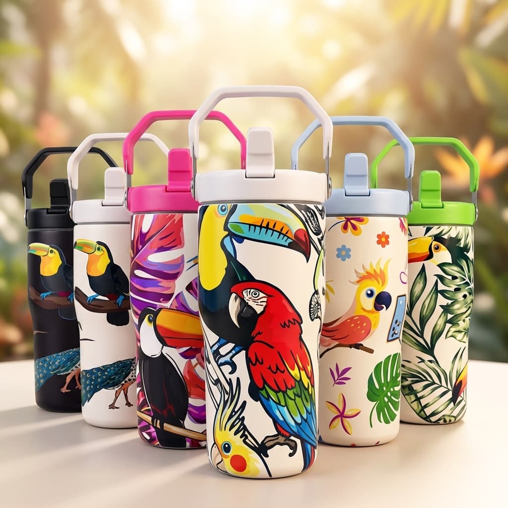 Copo Térmico Fauna 600ml Inox Com Canudo Estampa Tropical Tucano Arara Quente Frio Portátil Carro Academia