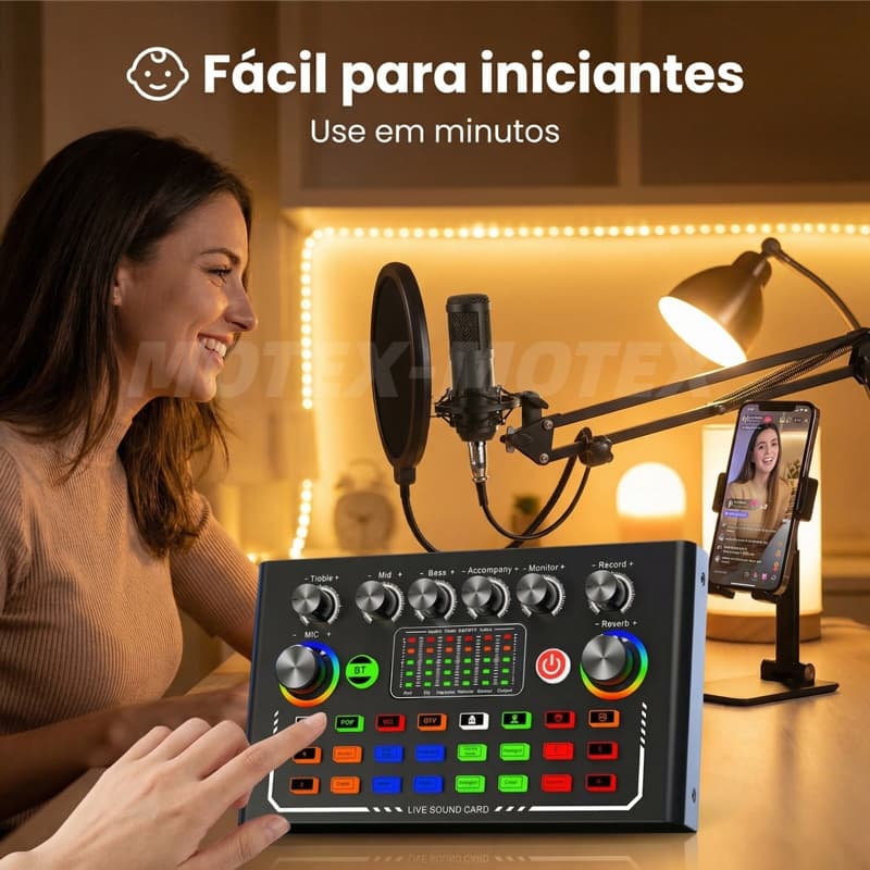 Kit Podcast F009 USB com Microfone Condensador Efeitos em Tempo Real para Live Streaming Gravação Profissional
