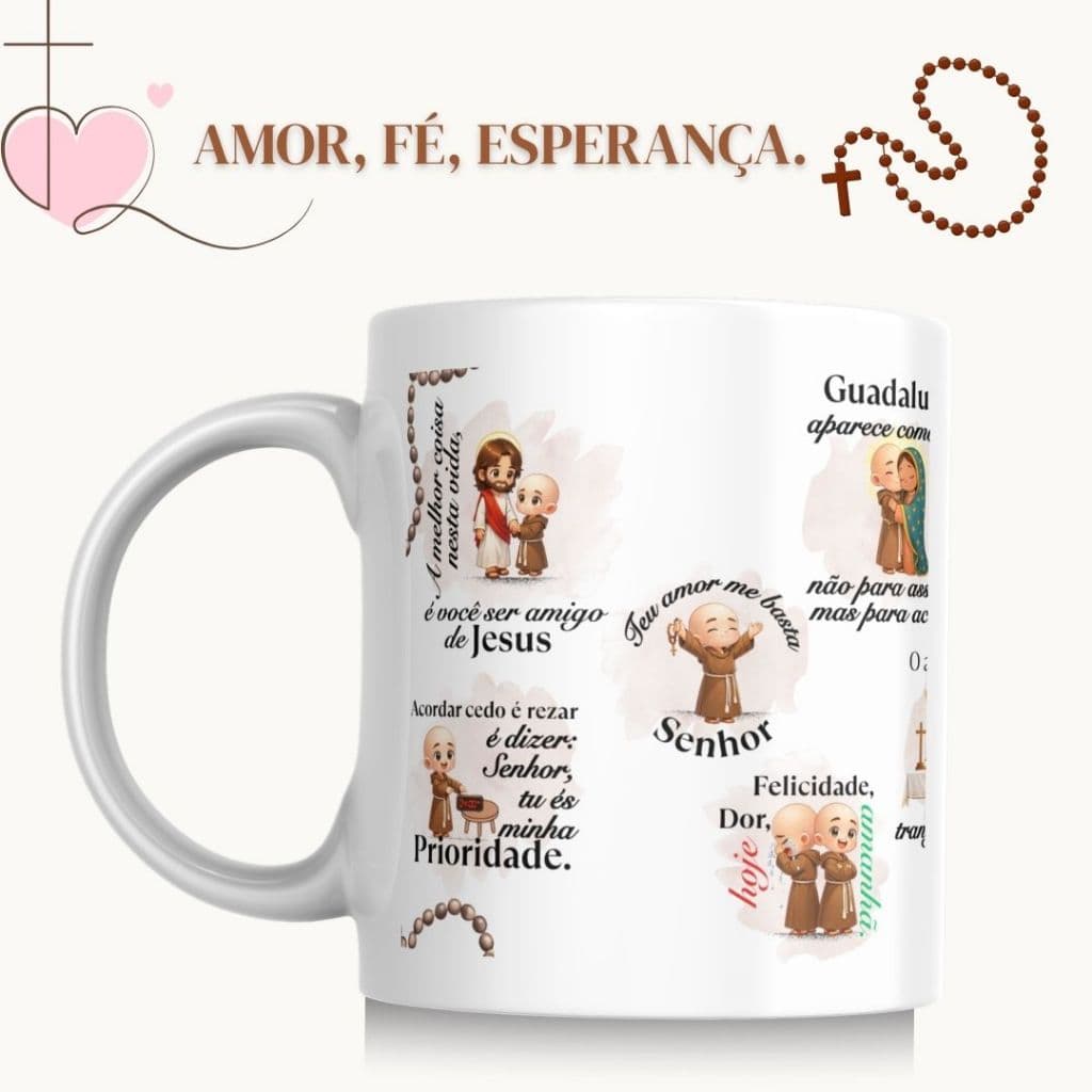 Caneca Porcelana Católica Religiosa  Quaresma Terço Santo Rosário da Madrugada Rezando com Frei Gilson Presente Afetivo