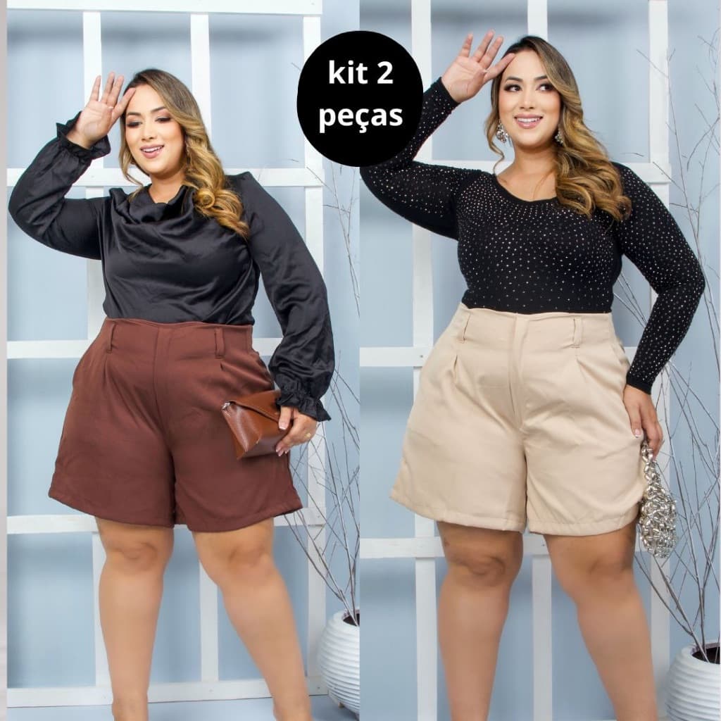Kit 2 Short Plus Size Feminino Alfaitaria Casual Elegante Cintura Alta Confortavél Bermuda