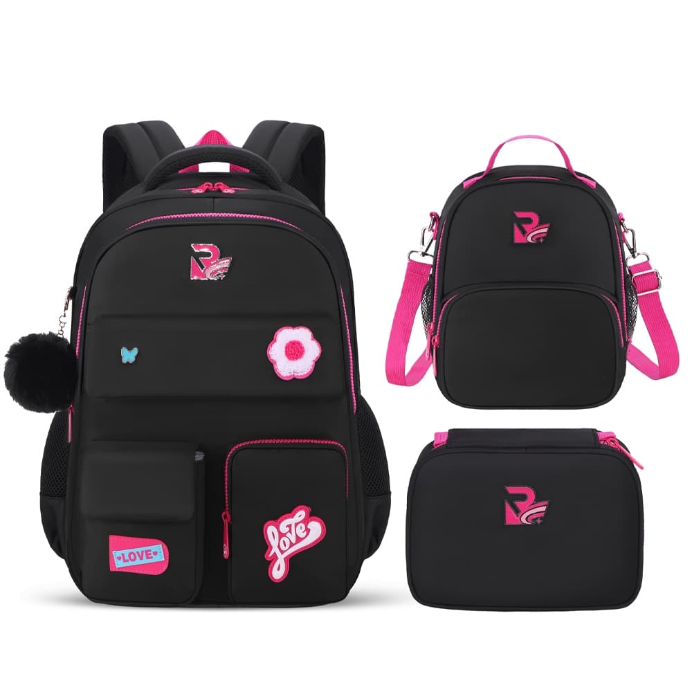 Kit Mochila Infantil Feminina Escolar 3 Peças com Lancheira Estojo Flor Fofa com Pompom Grande