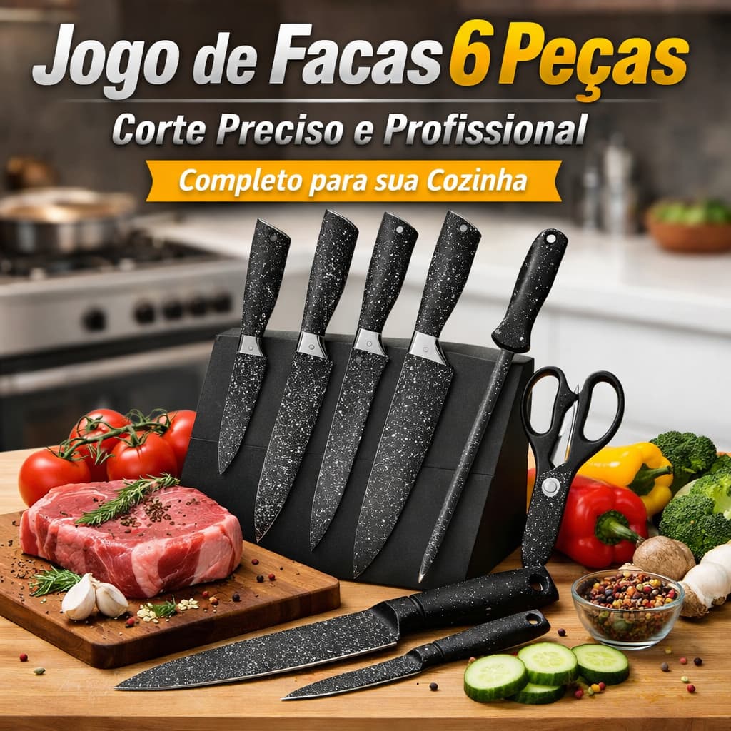 Jogo de Facas 6 Peças 🔪 Inox Cabo Ergonômico Kit Completo Cozinha Corte Preciso