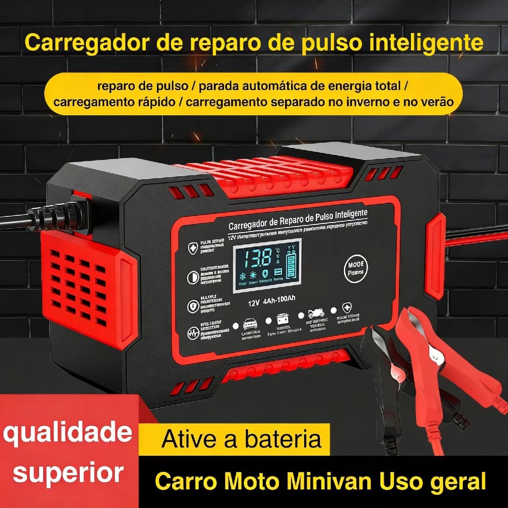 Carregador Bateria 12V 6A Inteligente Bivolt  LCD com Reparação Puls Automático para Chumbo Ácido 4-100Ah