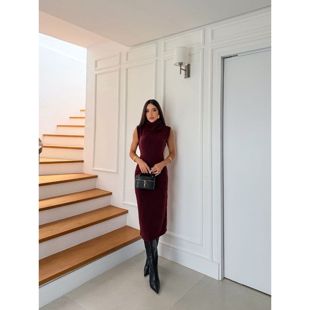 Vestido Midi Feminino Trico Modal Tubinho Gola Alta Elegante Croche Tricot Outono Inverno