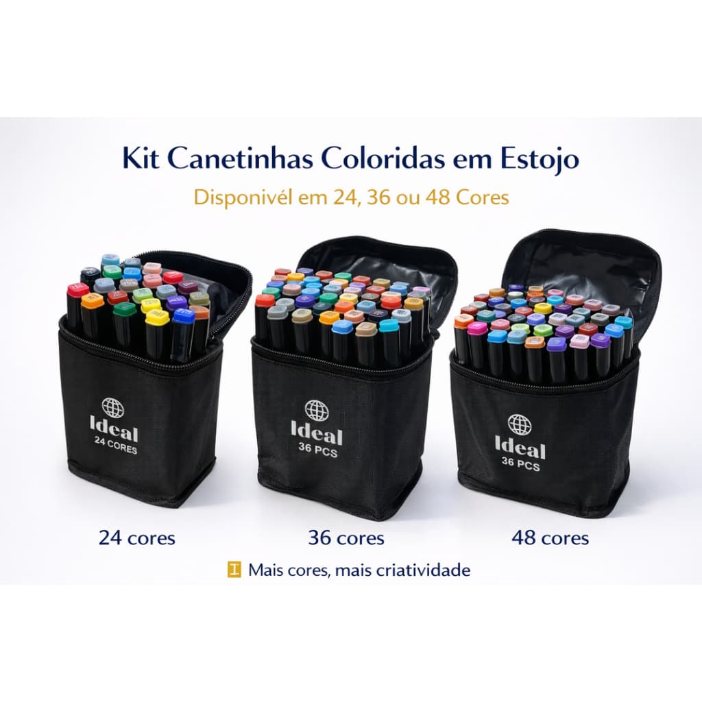 Kit Canetinhas Coloridas com Estojo com Zíper 24 36 48 Cores Caneta Ponta Dupla Caneta Hidrográfica
