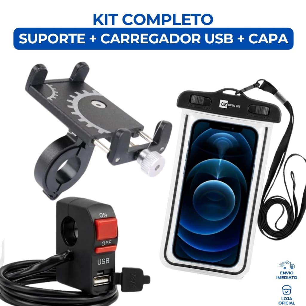 Kit Suporte Celular GPS Alumínio Capa Protetora USB Botão ON/OFF Para Moto e Biclicleta Ajustável