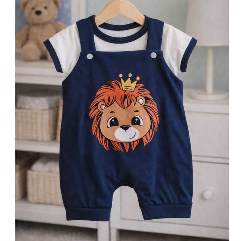 Conjunto de Bebê Macacão Jardineira Safari com Estampa de Leão + Camiseta RN á 4 Meses