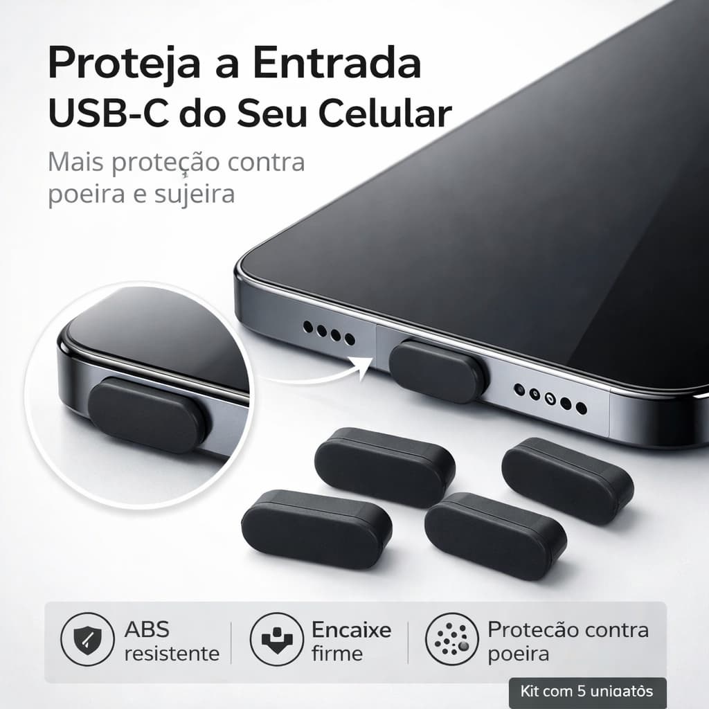 Protetor Entrada USB Tipo C Celular Tampa Anti Poeira ABS para Carregador Kit com 5 e 10 e 15 Preto e Branco