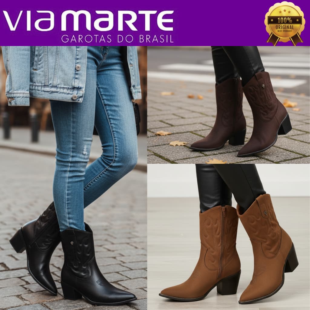 Bota Feminina Via Marte Cano Médio Texana Country Bico Fino Confortável Original