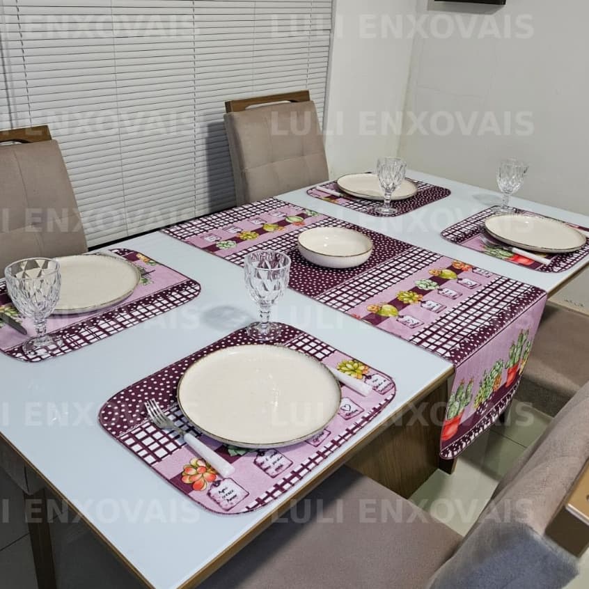 Kit Jogo Americano e Caminho de Mesa 5 Peças de Tecido Lavável Estampado Decoração Cozinha Casa