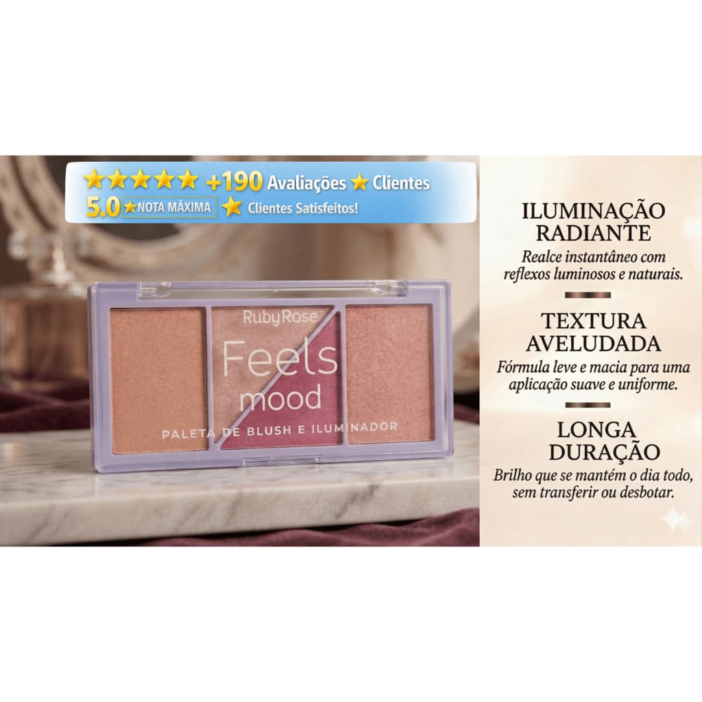 Maquiagem Paleta Blush Iluminador Ruby Rose Feels Mood Alta Pigmentação Brilho Intenso Glow