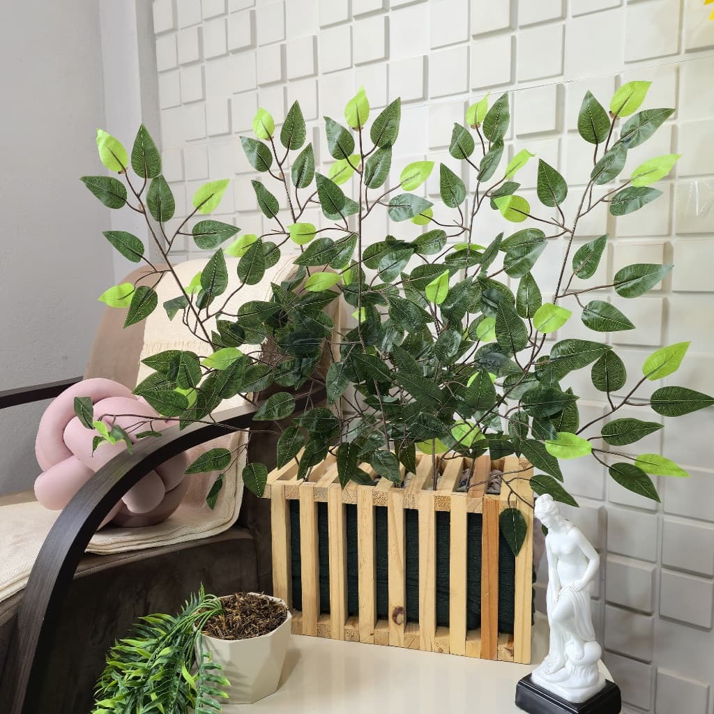 Kit Folhas Fícus Haste Artificial Galho Verde Branco DIY