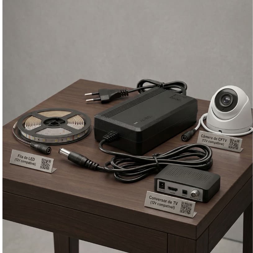 Fonte 12V 5Amperes 60W Plug P4 Estabilizada Bivolt Profissional Cftv Câmeras Fita Led Modem Roteador Carregador Bivolt