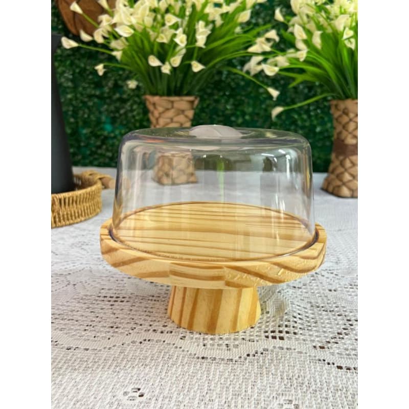 Porta Queijo Queijeira de Madeira Com Pé e Tampa Acrílica Premium Porta Queijo Ricota 18 cm