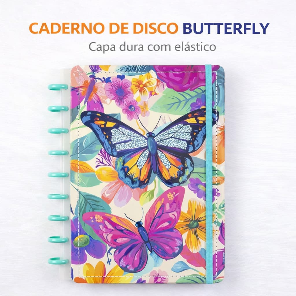 Caderno Disco Grande Butterfly Capa Dura Reposicionavel 80 Folhas Elastico Floral Borboleta