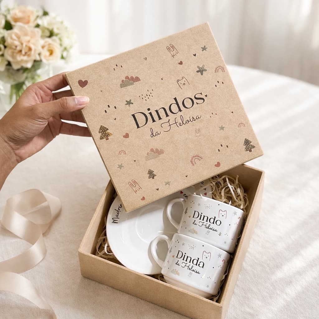 Convite Para Padrinhos Batismo Caixa com Xícara + Pires Personalizados Com Nome Luxo
