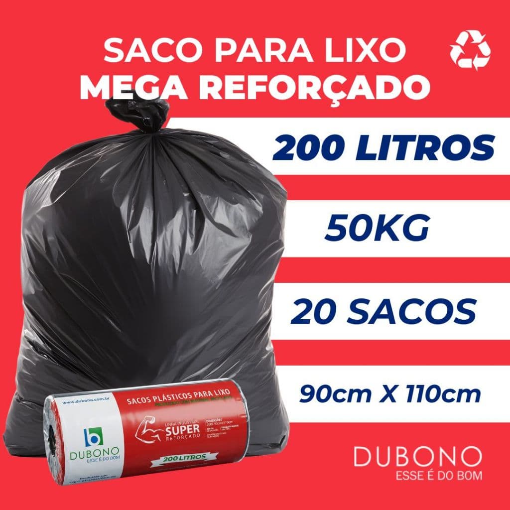 Saco de Lixo Reforçado Preto 200 Litros 50 Kg Rolo 20 Unidades Alta Resistência Industrial Dubono DU200