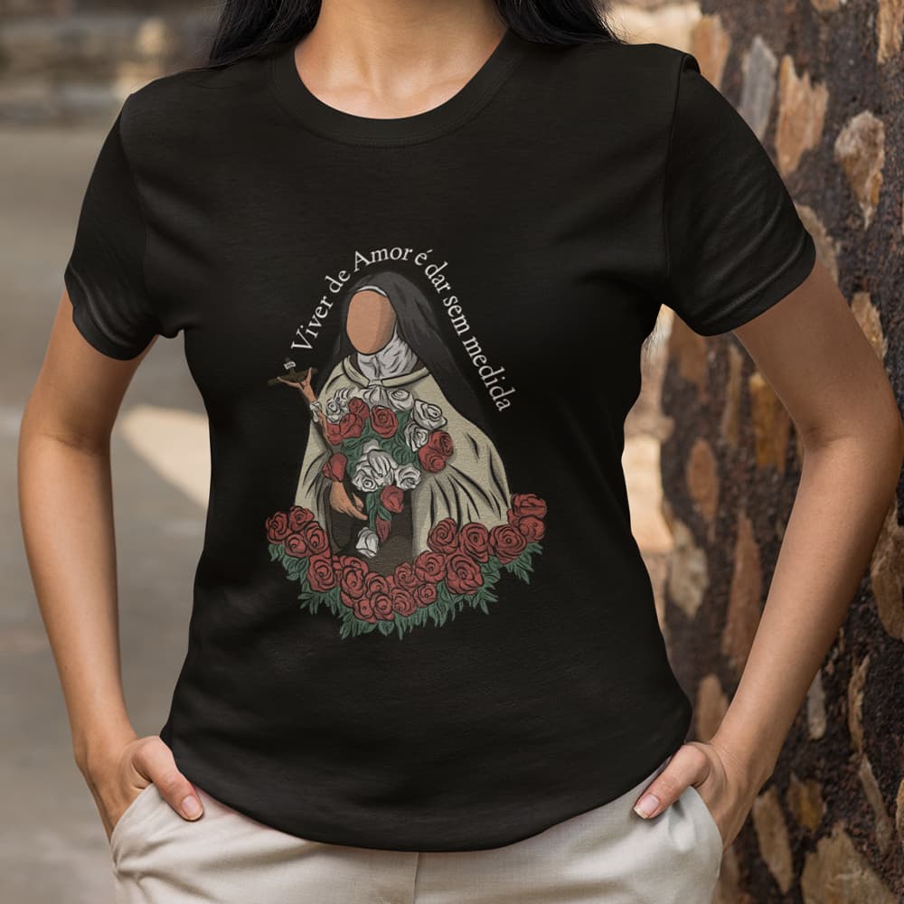 T-shirt Gospel Santa Teresinha Menino Jesus Rosas Ilustração Arte Premium Algodão