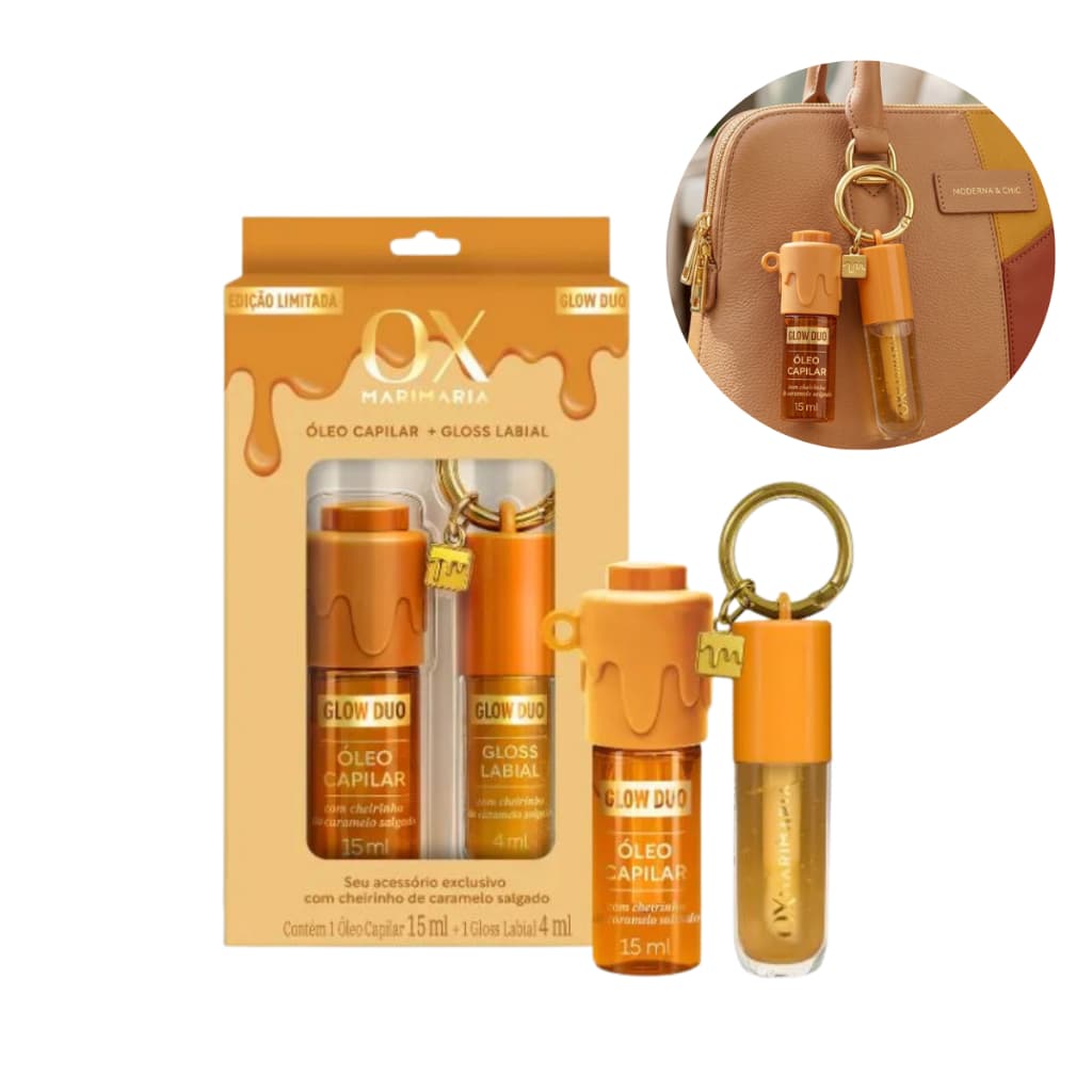 Kit OX Mari Maria Glow Duo Caramelo Salgado Óleo Capilar 15ml + Gloss Labial 4ml + Chaveiro Exclusivo