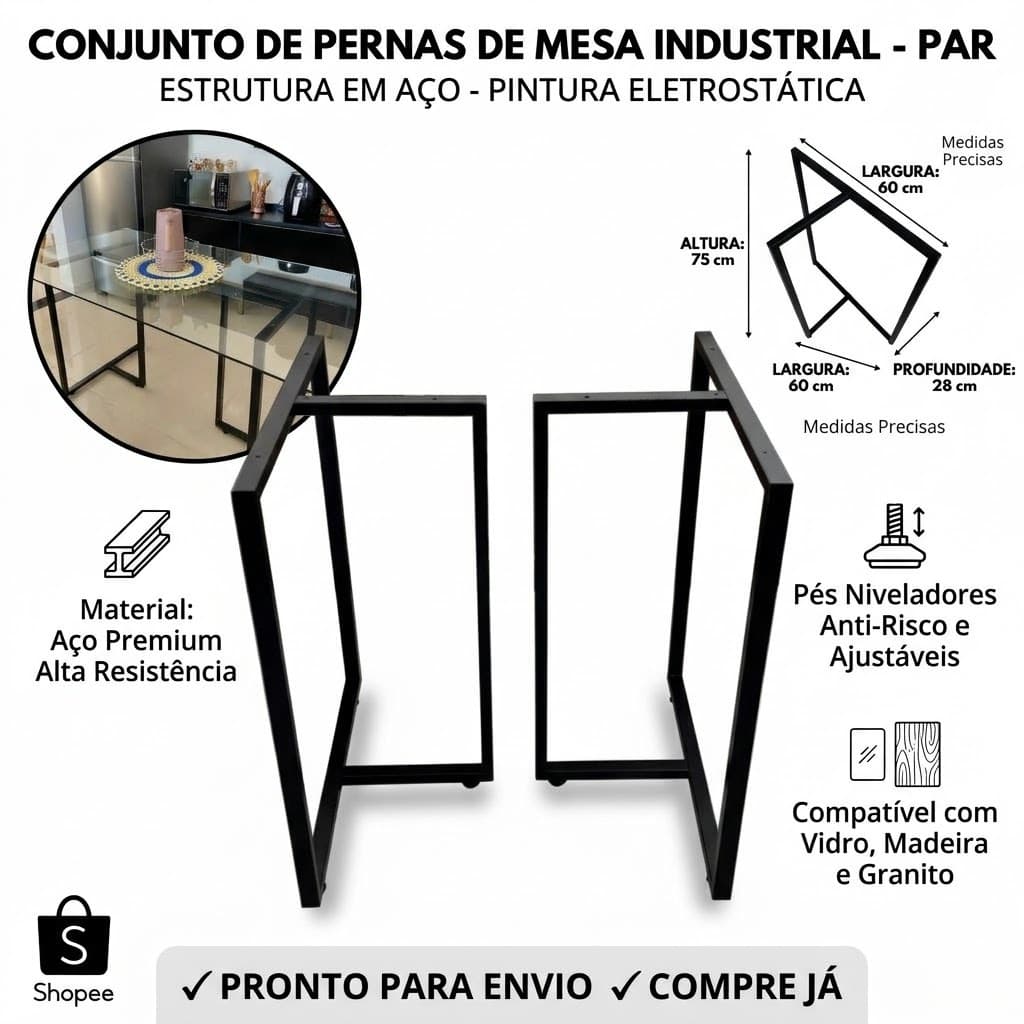 2 Pés de Mesa Industrial com Niveladores para Estabilidade