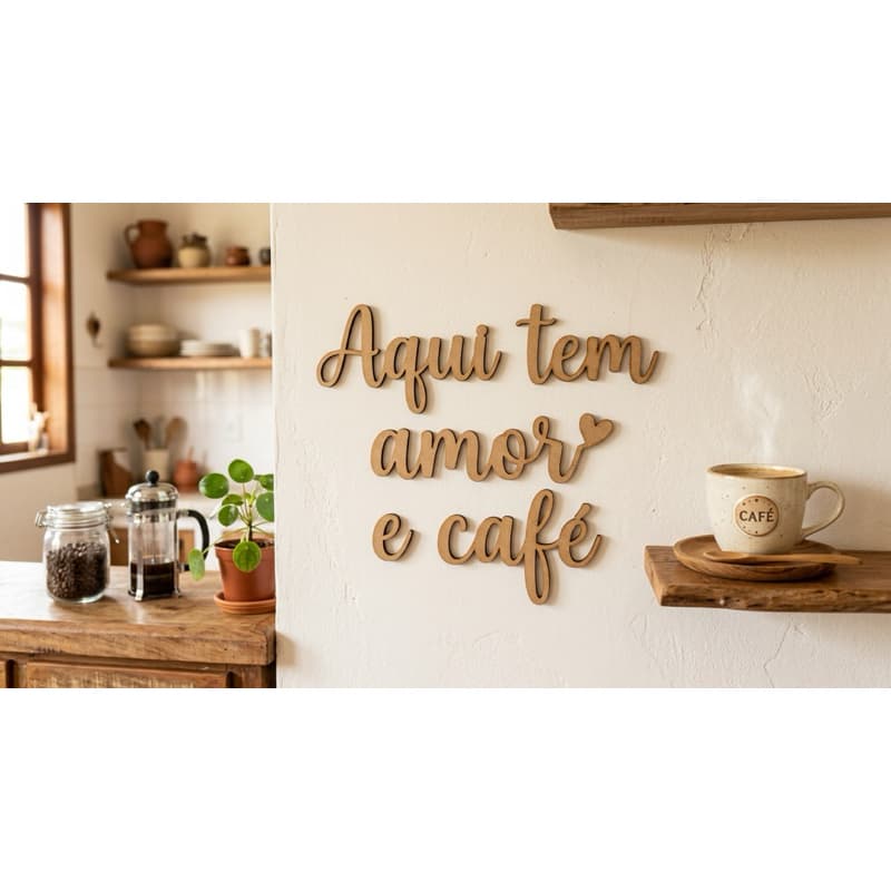 Decoração Cozinha MDF Aqui Tem Amor e Café Frase Parede Cantinho do Café
