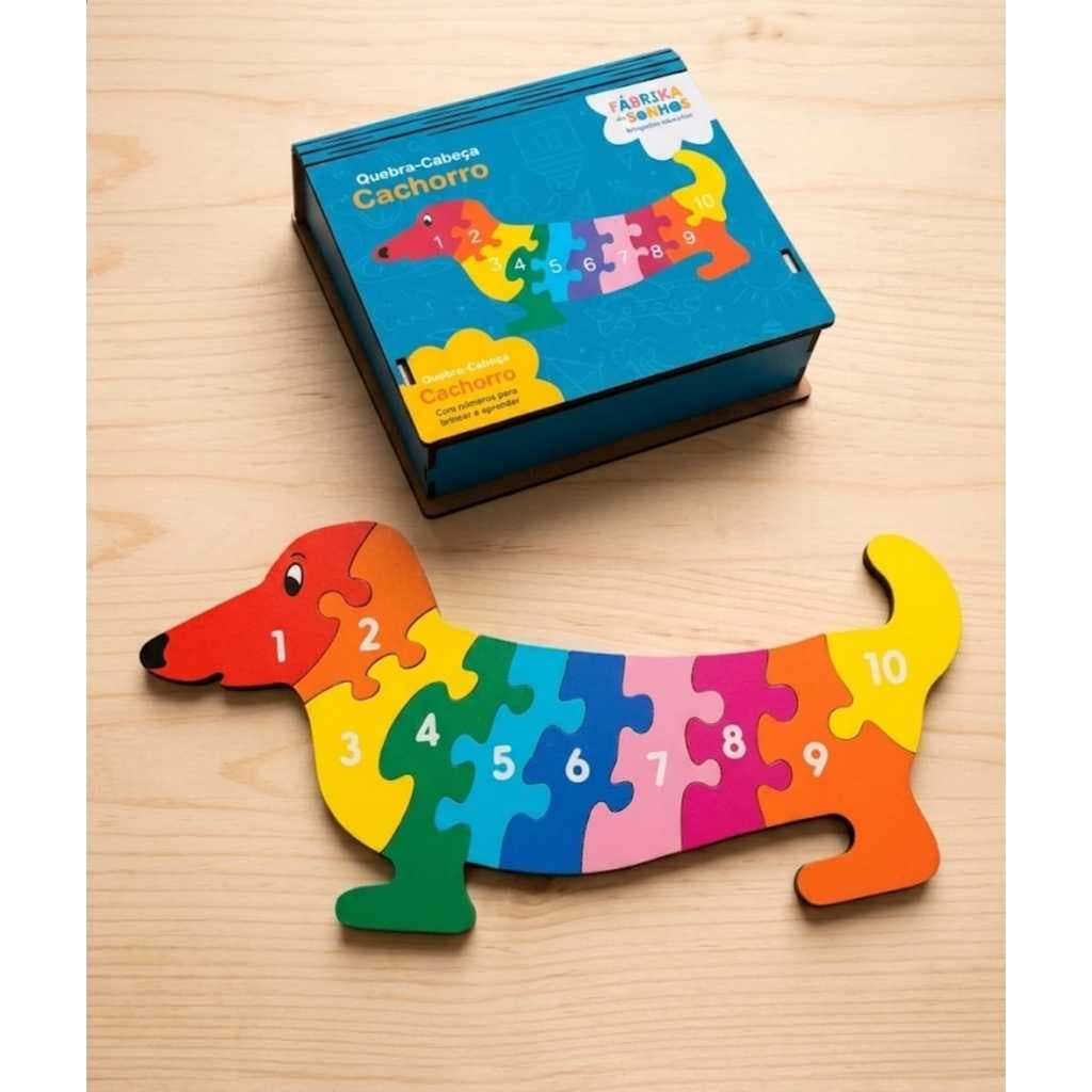 Quebra-Cabeça Educativo Infantil Cachorro em MDF com Números 1 a 10 Brinquedo Pedagógico Montessori
